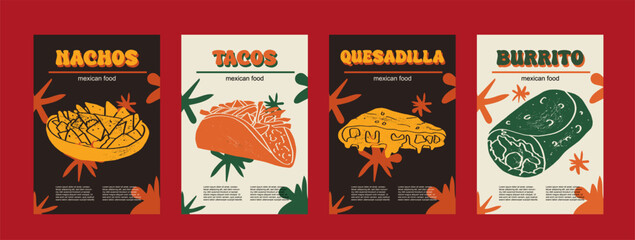 Mexican food set vector illustration. Engraved nachos, tacos, guesadilla, burrito, bundle of traditional dishes, homemade and restaurant dinner dishes and sauces cooking in cuisine of Mexico