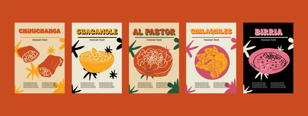 Mexican food set vector illustration. Engraved chimichanga, guacamole, al pastor, chilaquiles, birria, bundle of traditional dishes,  dishes and sauces cooking in cuisine of Mexico