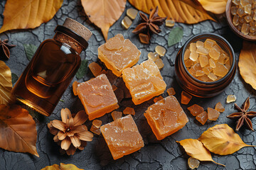 Close-up of amber resin, musk, and patchouli leaves used in perfumery, laid out on a textured surface