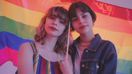 Two Young Women Holding a Pride Flag - LGBTQ+ Community and Diversity