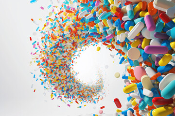 Obraz premium Swirling vortex of colorful pills and capsules creating a dynamic motion on a white background