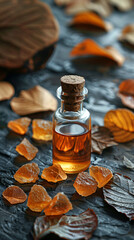 Close-up of amber resin, musk, and patchouli leaves used in perfumery, laid out on a textured surface