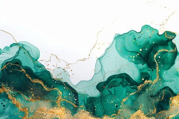 A marble green liquid watercolor background with gold wave pattern. An emerald alcohol ink drawing effect with dusty grey stains. Modern image of elegant fluid acrylic wallpaper made from liquid