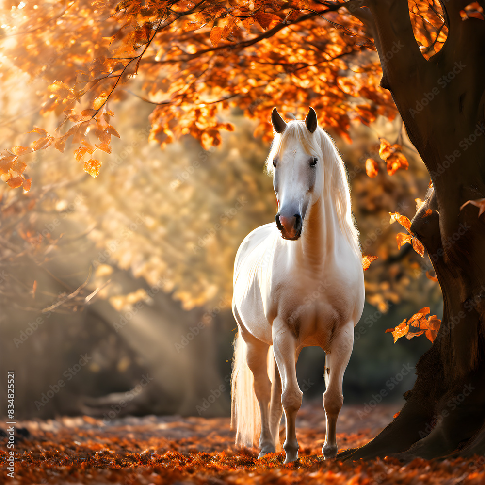 Poster white horse in autumn