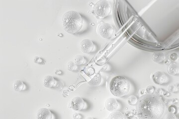 Retinol, aha, bha acid, collagen serum drop in pipette isolated on white background. Slight depth of field. Gold essence in dropper is for cosmetic use.