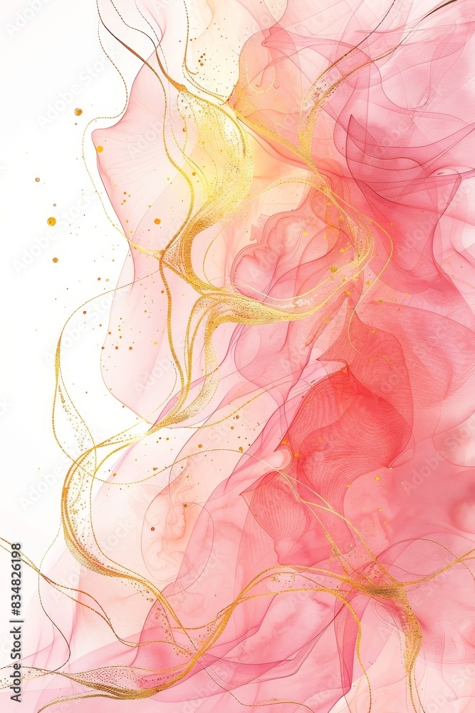 Canvas Prints Abstract pink liquid watercolor background with golden cracks. Pastel pink marble alcohol ink drawing effect. Modern illustration design template for wedding invitations.