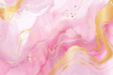 This is an abstract image of a dusty rose blush liquid watercolor background with gold dots and lines. There are pastel pink marble alcohol ink drawing elements with gold splash elements. Modern