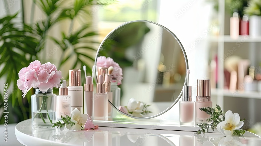 Poster a vanity table with a round mirror, surrounded by various cosmetics and flowers. generative ai