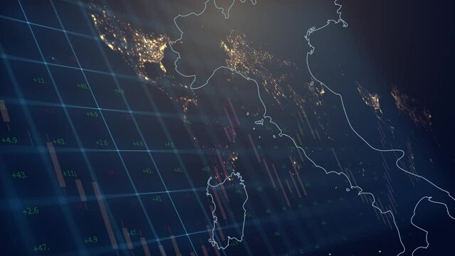 Cg footage from the territory of Italy with a fill from the flag against the backdrop of moving financial and economic graphs and charts against the backdrop of a world map