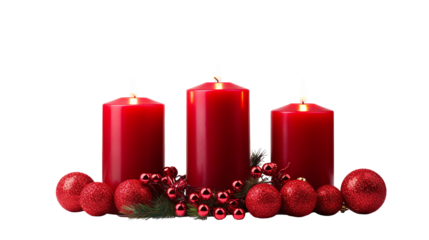 a group of red candles with ornaments