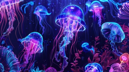 glowing jellyfish and algae on underwater neon wallpaper