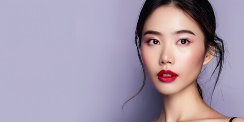 Fototapeta premium Elegant Asian Model Showcasing Professional Makeup and Decorative Cosmetics on a Lavender Backdrop