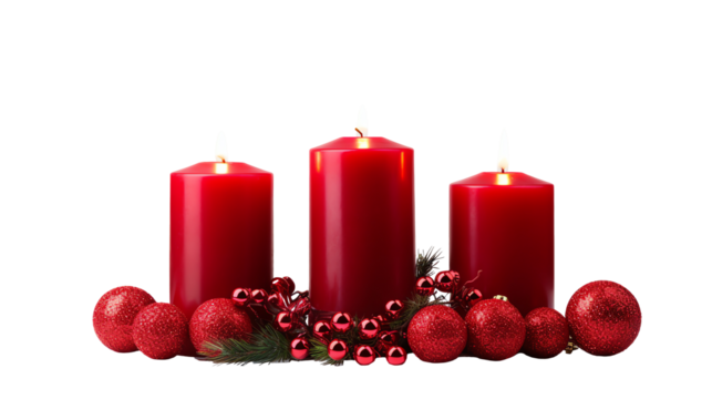 a group of red candles with ornaments