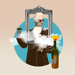 Young man in image of famous composer drinking wine, standing with picture frame. Famous historical person. Contemporary art collage. Concept of history, comparison of eras, creativity, surrealism.
