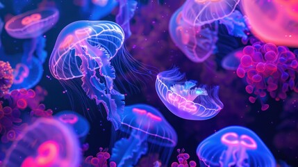 glowing jellyfish and algae on underwater neon wallpaper