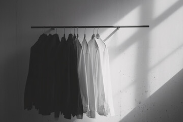 Black and white shirts hanging on a clothes rack in a minimalist and neatly organized manner with sunlight casting shadows on the wall creating a serene and orderly visual