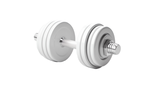 a white dumbbell with a silver bolt