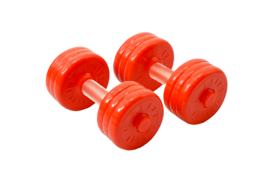 a group of red dumbbells
