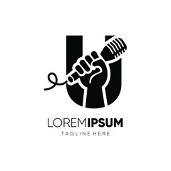 Letter U Hand with Microphone Logo Design Vector Icon Graphic Emblem Symbol Ilustration