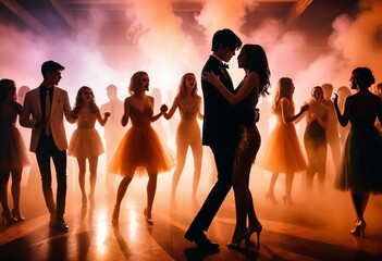 Crowded prom dance floor at night featuring a diverse collection of teenage revelers dancing in silhouette under a dramatic, colorful lighting setup and hazy smoke effects.
