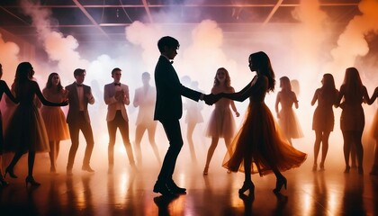 Crowded prom dance floor at night featuring a diverse collection of teenage revelers dancing in silhouette under a dramatic, colorful lighting setup and hazy smoke effects.