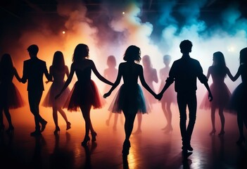 Fototapeta premium Crowded prom dance floor at night featuring a diverse collection of teenage revelers dancing in silhouette under a dramatic, colorful lighting setup and hazy smoke effects. 