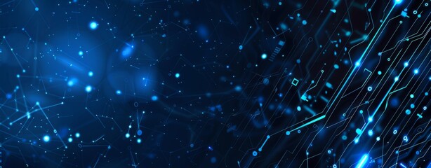 Abstract futuristic background with glowing digital data and circuit board elements on a dark blue background