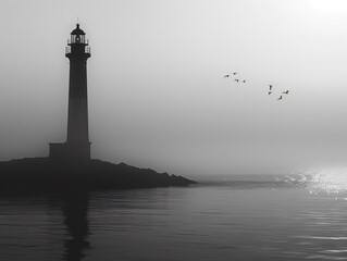 Birds flying over arafed lighthouse in fog