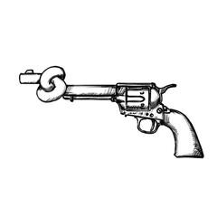 Pistol with knot, peace, hand drawn pencil drawing, transparent PNG, illustration 