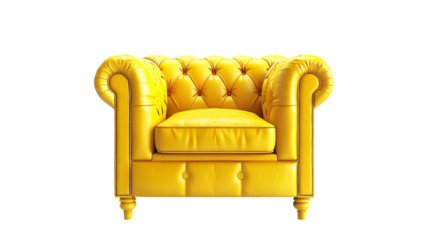a yellow leather chair with wooden legs