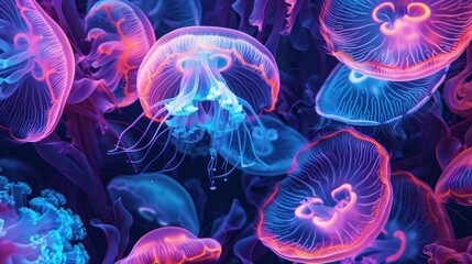 glowing jellyfish and algae on underwater neon wallpaper