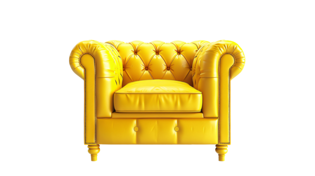 a yellow leather chair with wooden legs
