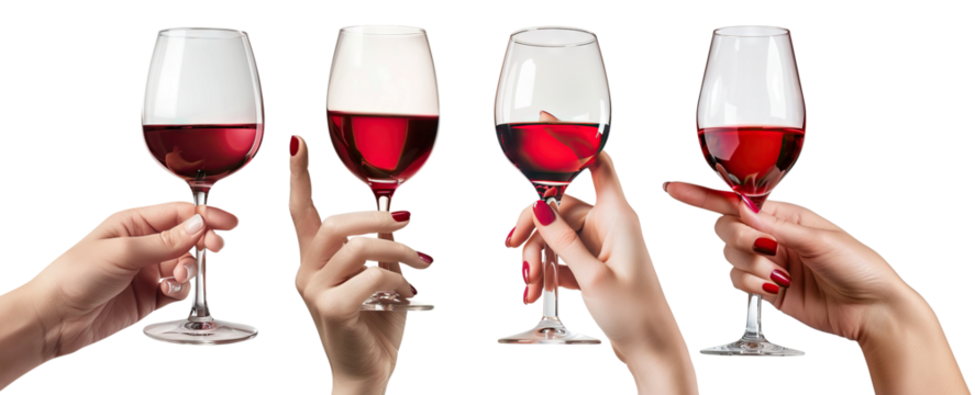 Set of elegant female hands holding glasses of red wine, cut out