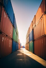 Fototapeta premium sunlight coming through cargo containers in a commercial harbour 