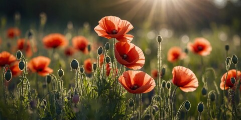 Poppy Field Macro Shot with Sun Rays: Close-Up Banner Format Blurred Background in Summer Sky