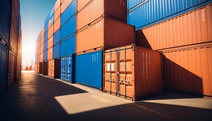 Fototapeta premium sunlight coming through cargo containers in a commercial harbour 