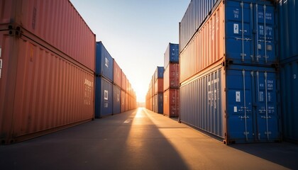 Fototapeta premium sunlight coming through cargo containers in a commercial harbour 