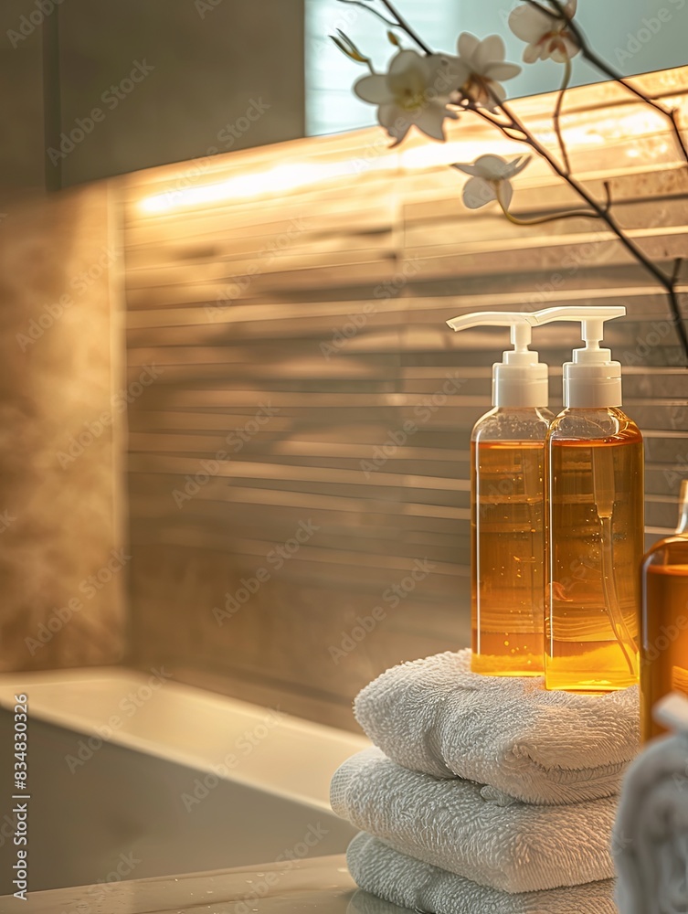 Poster Two luxurious shampoo and conditioner bottles sit on a bathroom countertop with a stack of white towels. Generative AI