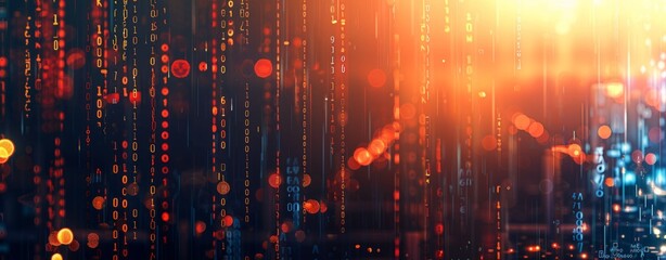Fototapeta premium Digital binary code background with glowing lights and bokeh effect.