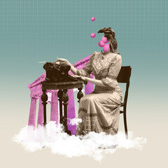 Creative design with young woman, royal person in vintage costume writing with retro typewriter....
