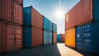 sunlight coming through cargo containers in a commercial harbour
