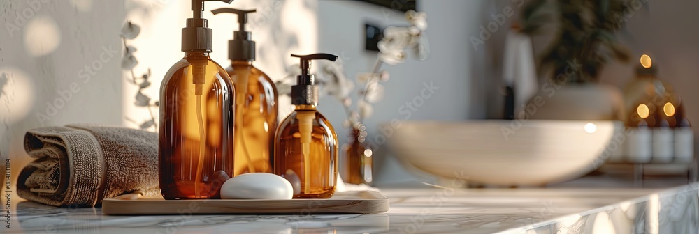 Poster A close-up of stylish shampoo and conditioner bottles arranged on a bathroom countertop. Generative AI