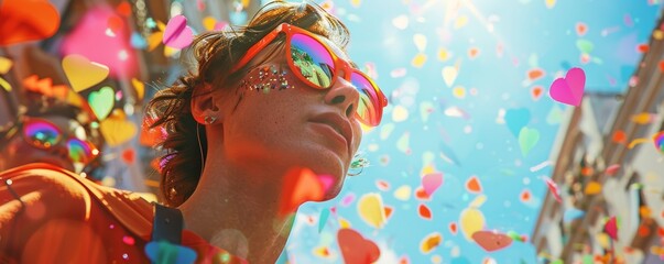 Obraz premium A vibrant outdoor urban scene with a person in colorful sunglasses surrounded by a confetti shower and bright sunlight.