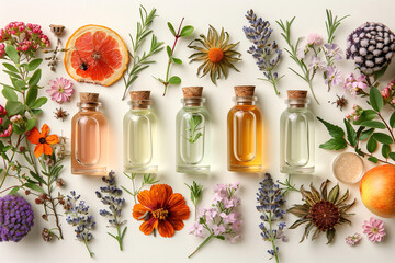 Glass vials with different perfume extracts surrounded by fresh and dried botanical elements