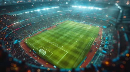 A vibrant, aerial tilt-shift perspective of a packed stadium during a night-time football match