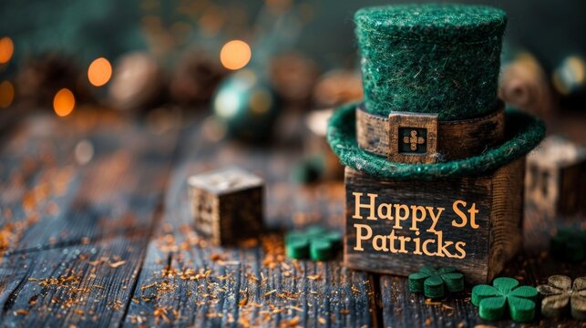 A festive St Patrick's Day composition with a green top hat, decorations, and clovers on a wooden surface
