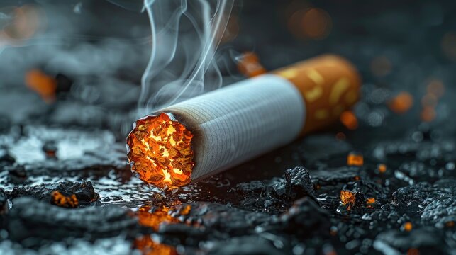 Burning cigarette on ashy surface