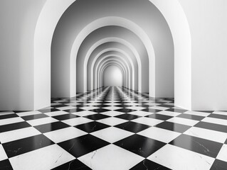 Naklejka premium Dim hallway, black white checkered floor, arches