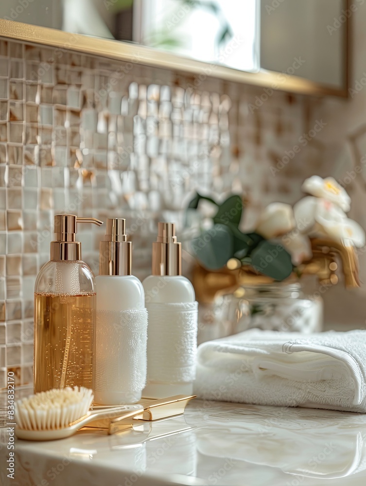 Aufkleber close-up of stylish shampoo and conditioner bottles on a countertop in a bathroom setting. generativ