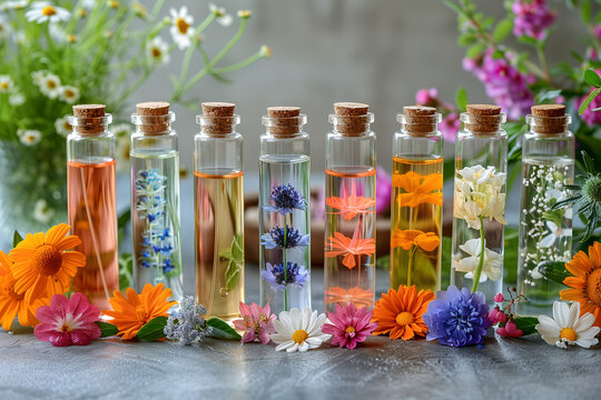 Glass vials with different perfume extracts surrounded by fresh and dried botanical elements
